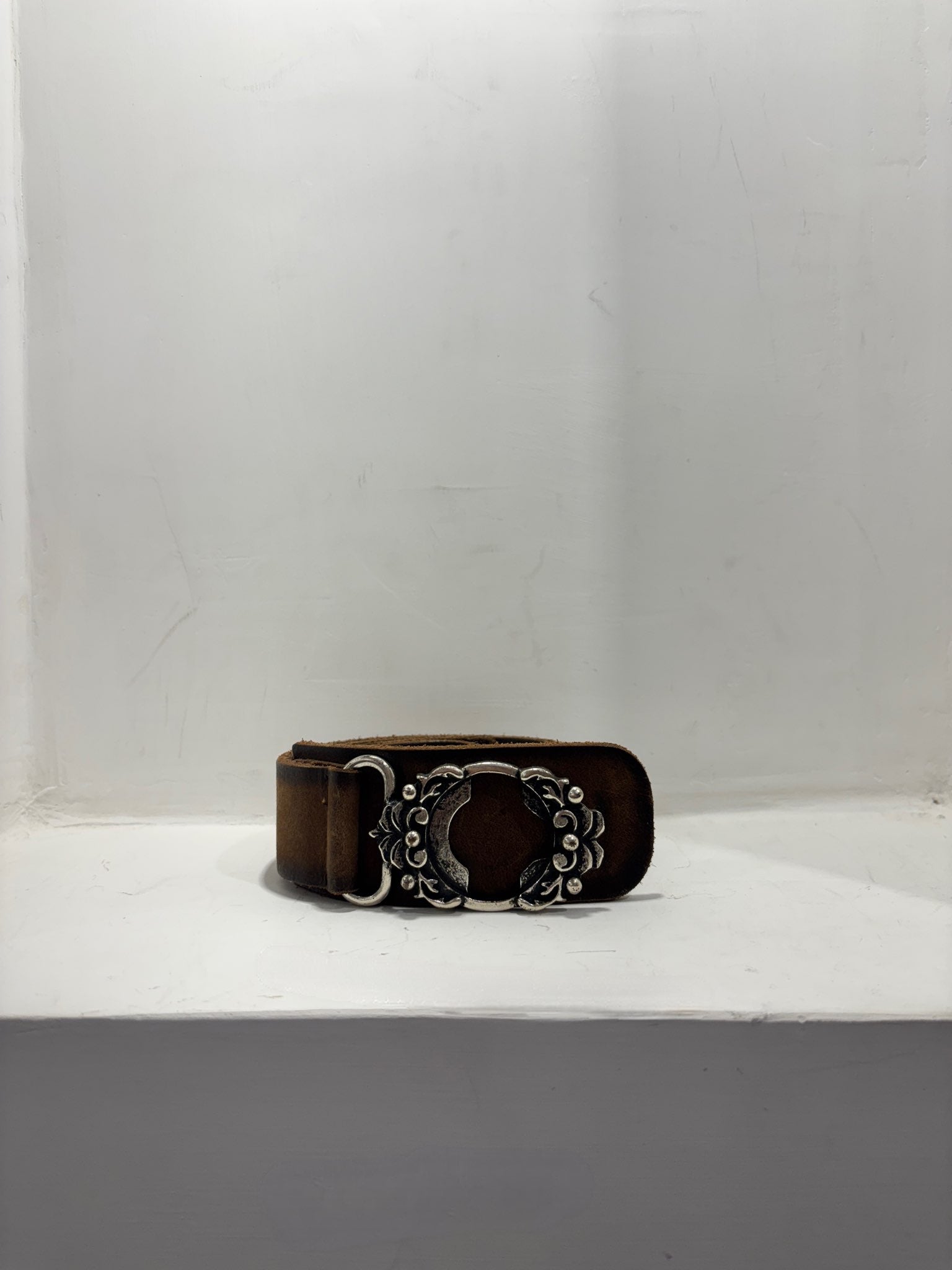 Vintage Leather Belt with Ornate Silver Buckle