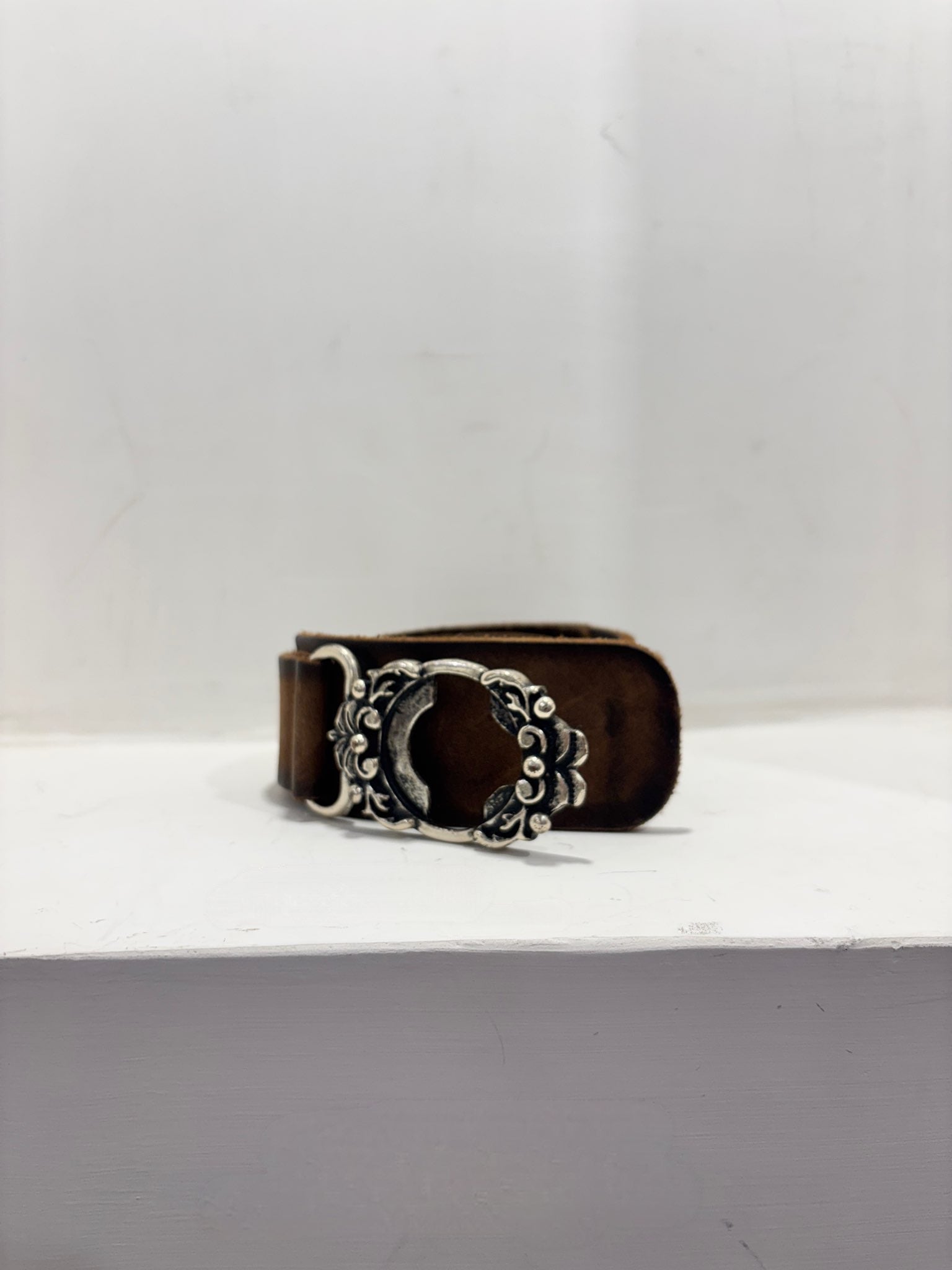 Vintage Leather Belt with Ornate Silver Buckle